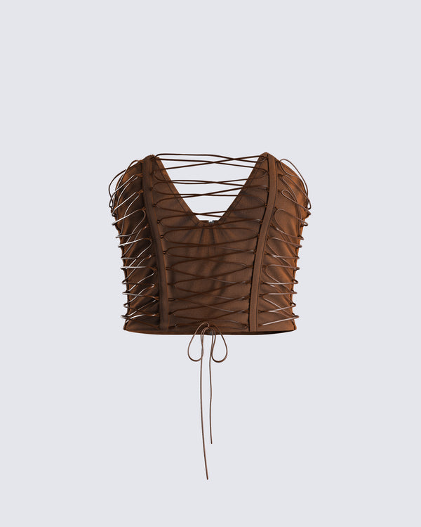 finesse Bette Brown Lace Up Top