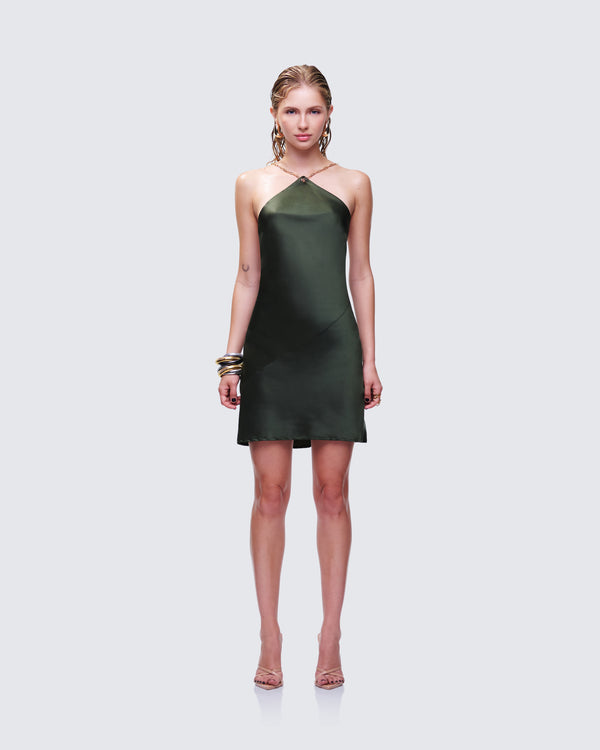 Finesse Bindi Olive Green Satin Mini Dress