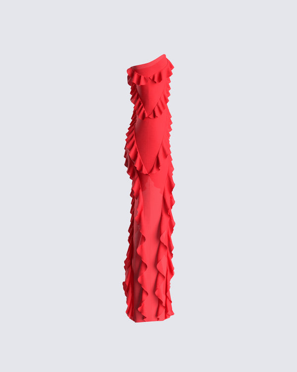 Finesse Blanche Red Mesh Ruffle Maxi Dress
