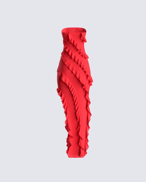 Finesse Blanche Red Mesh Ruffle Maxi Dress