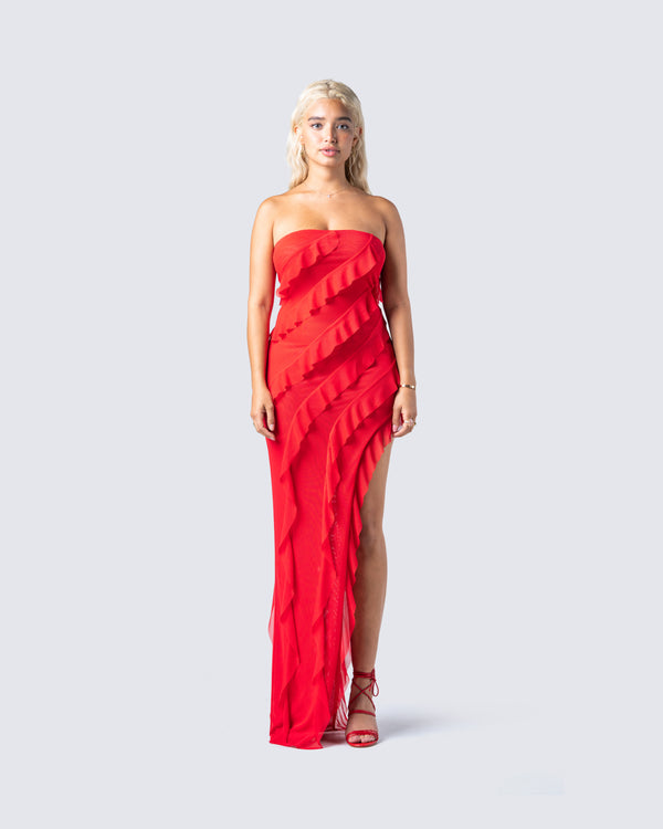 Finesse Blanche Red Mesh Ruffle Maxi Dress