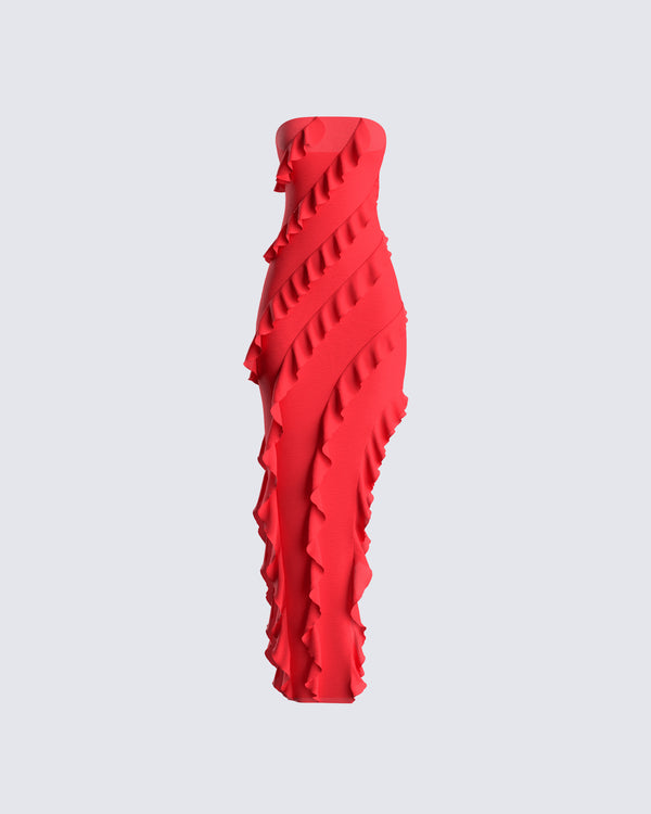 finesse Blanche Red Mesh Ruffle Maxi Dress