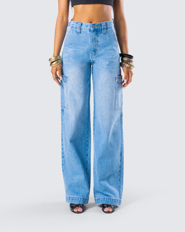 Finesse Blossom Blue Cargo Denim Pant
