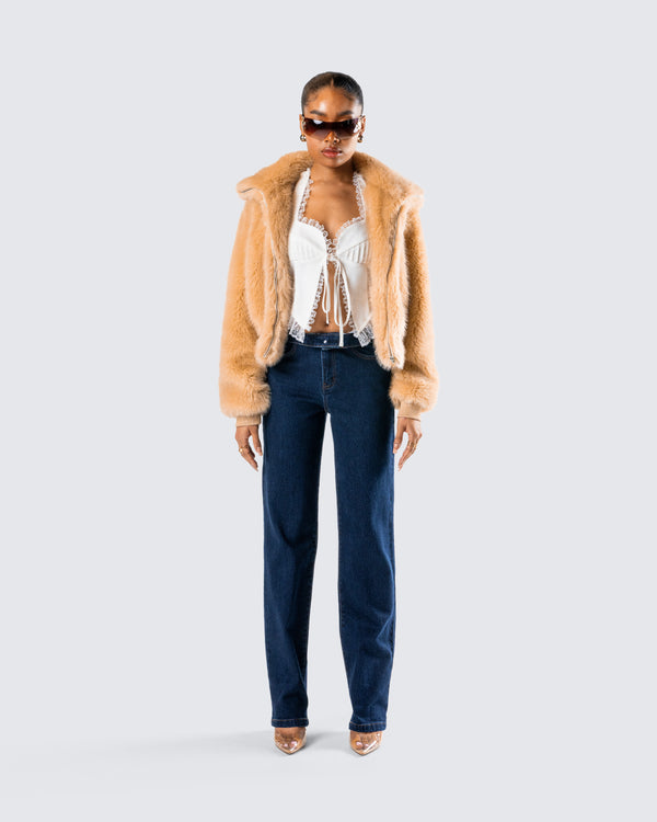 Finesse Briar Tan Faux Fur Bomber Jacket