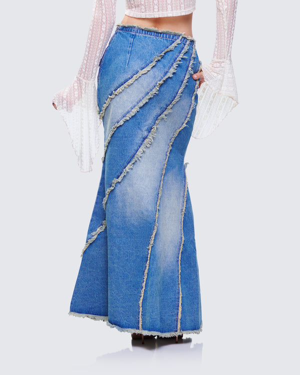 Finesse Briony Blue Denim Frayed Maxi Skirt