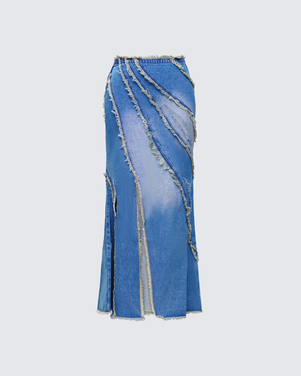 finesse Briony Blue Denim Frayed Maxi Skirt