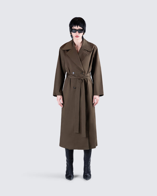 Finesse Bryn Dark Olive Belted Trench Coat