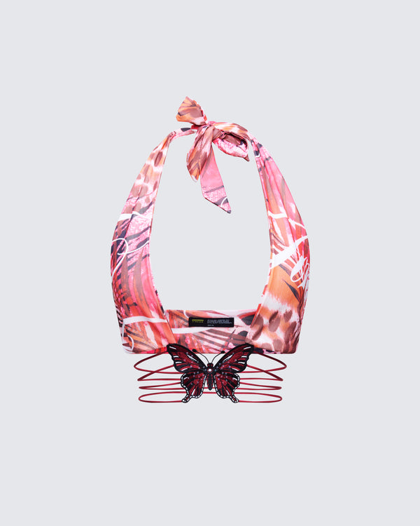 finesse Cece Orange Printed Halterneck Top