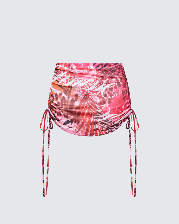 finesse Cece Orange Printed Ruched Mini Skirt