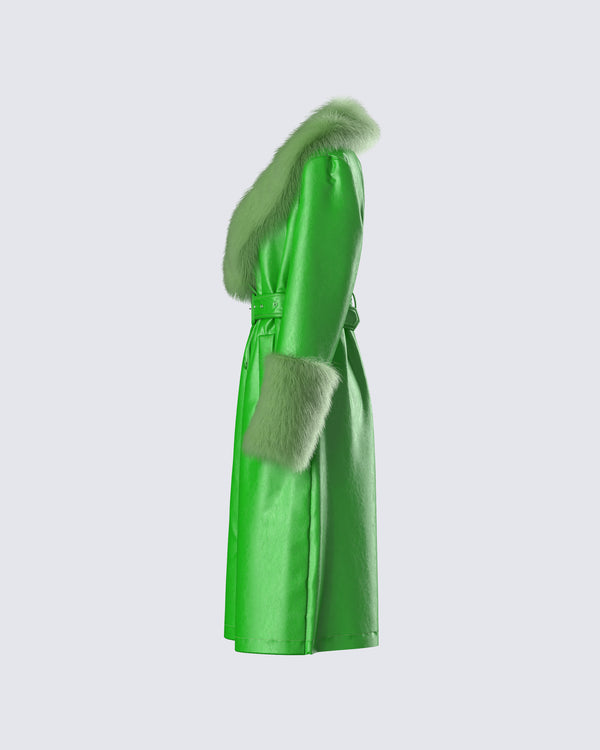 Finesse Chlo Green Faux Leather Fur Trim Coat