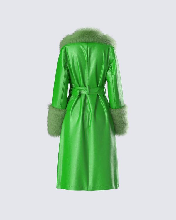 Finesse Chlo Green Faux Leather Fur Trim Coat
