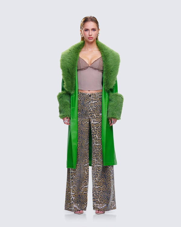 Finesse Chlo Green Faux Leather Fur Trim Coat
