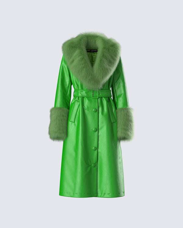 finesse Chlo Green Faux Leather Fur Trim Coat