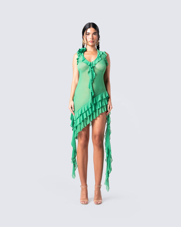 Finesse Christine Green Ruffled Mini Dress