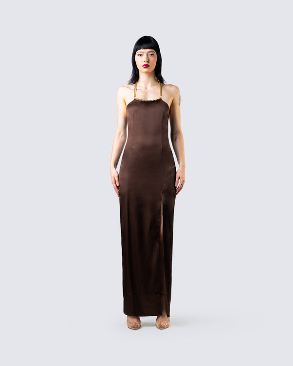 Finesse Claude Brown Satin Gown
