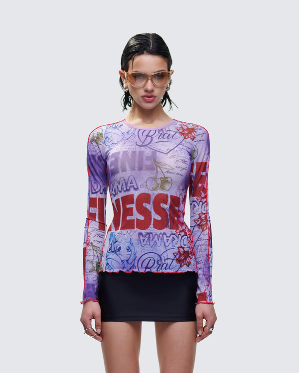 Finesse Cleodora Purple Printed Mesh Top