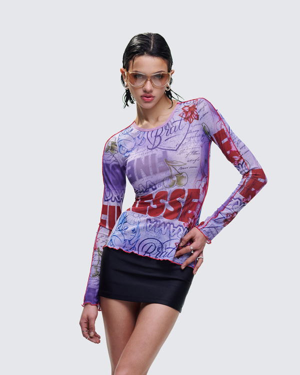 Finesse Cleodora Purple Printed Mesh Top