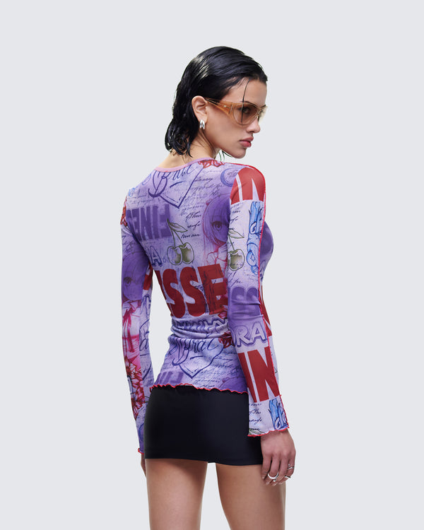 Finesse Cleodora Purple Printed Mesh Top