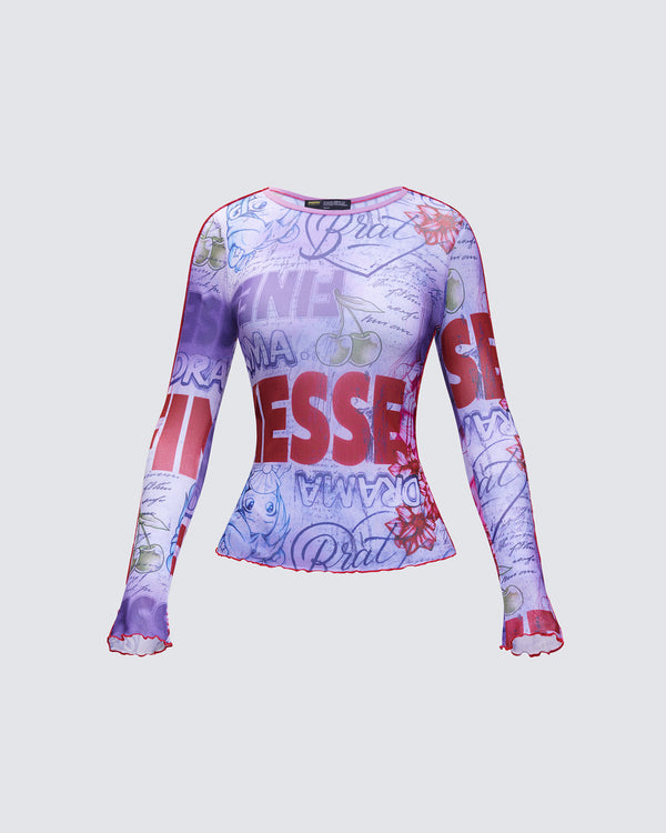 finesse Cleodora Purple Printed Mesh Top