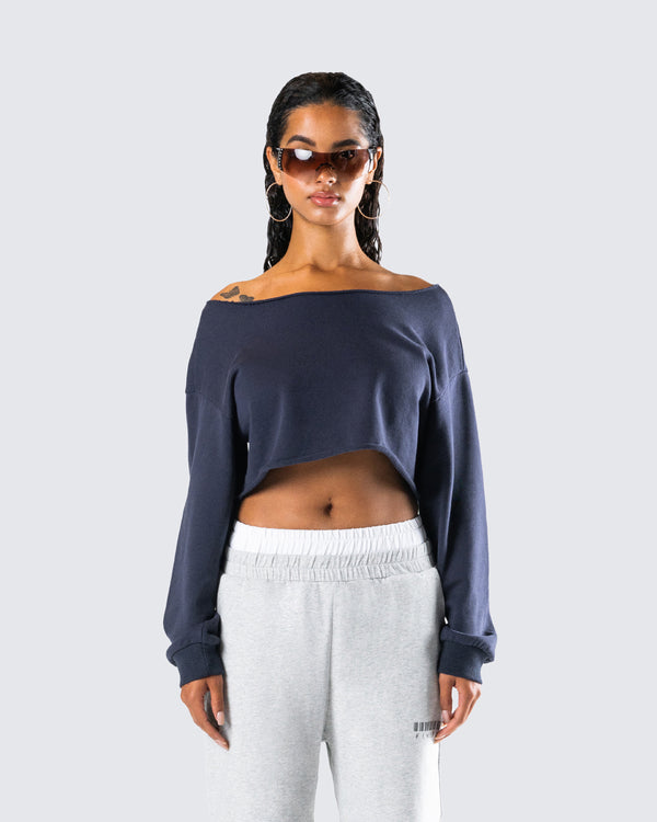Finesse Cory Navy Long Sleeve Crop Top