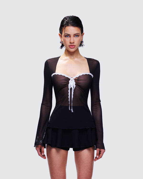 Finesse Damaris Black Long Sleeve Bow Trim Top