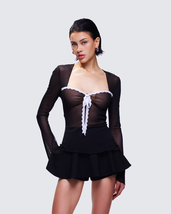 Finesse Damaris Black Long Sleeve Bow Trim Top