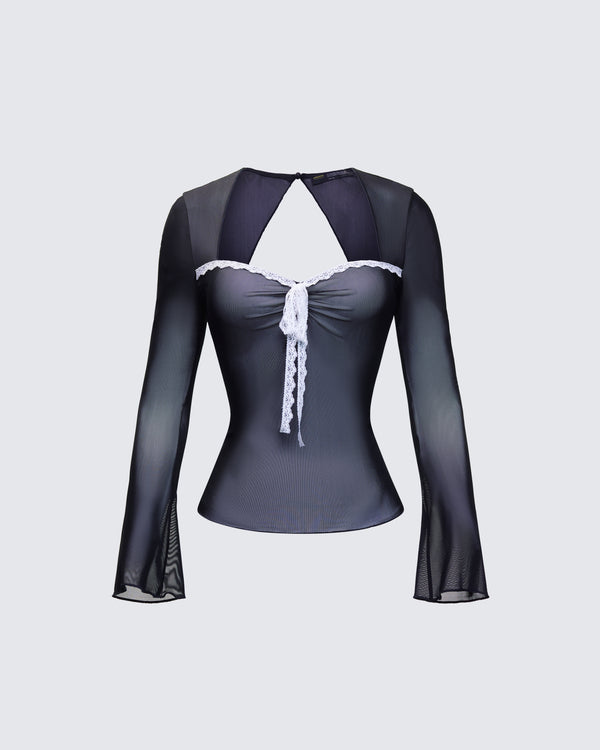 finesse Damaris Black Long Sleeve Bow Trim Top