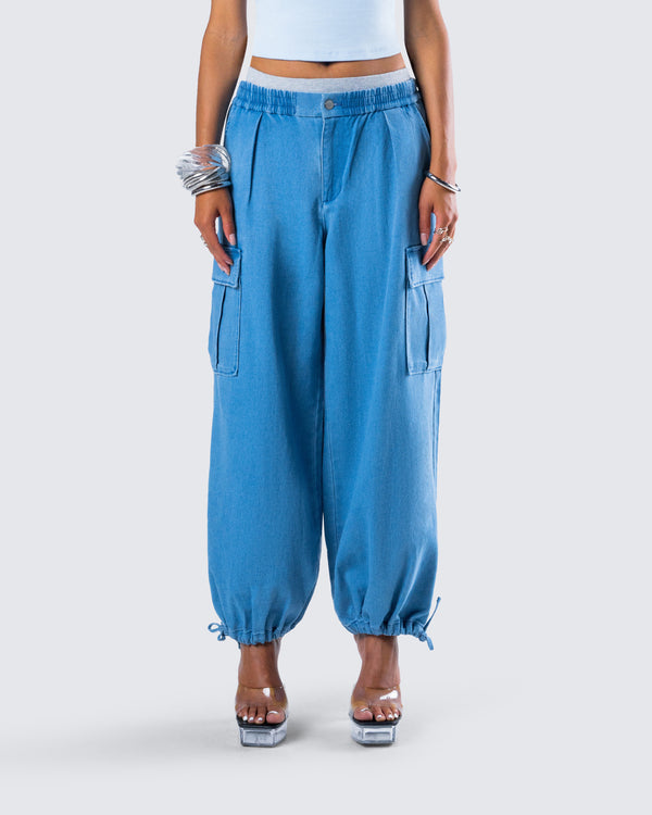 Finesse Darby Blue Denim Parachute Pant