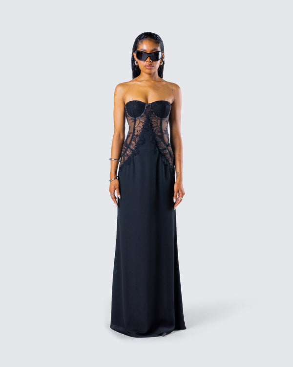 Finesse Debra Black Lace Panel Maxi Dress