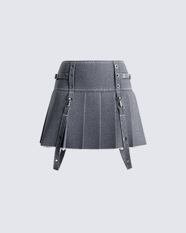 finesse Dina Grey Denim Pleated Mini Skirt