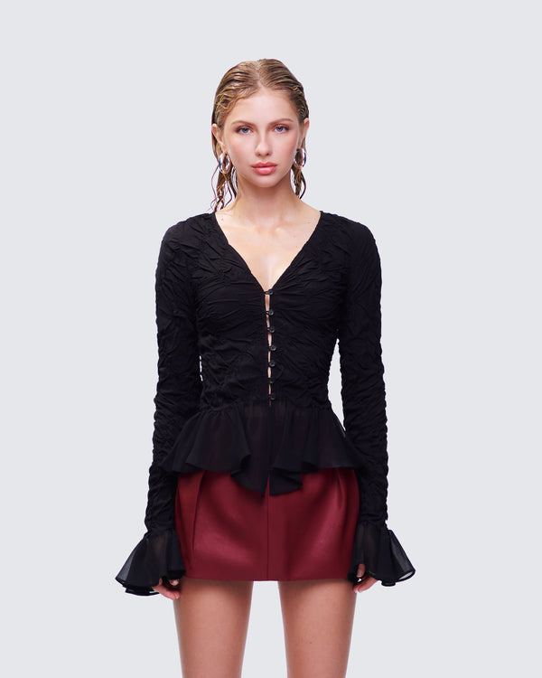 Finesse Eilis Black Texture Flute Cuff Blouse