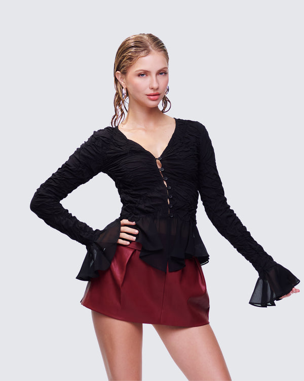 Finesse Eilis Black Texture Flute Cuff Blouse