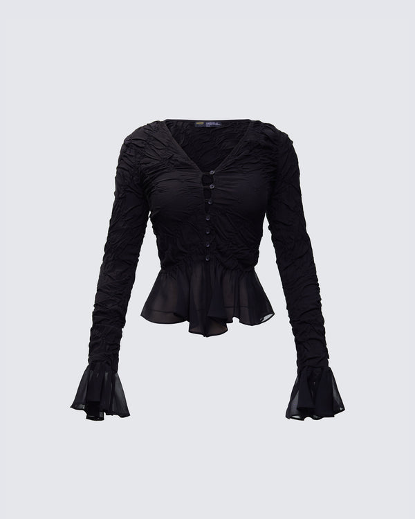 finesse Eilis Black Texture Flute Cuff Blouse