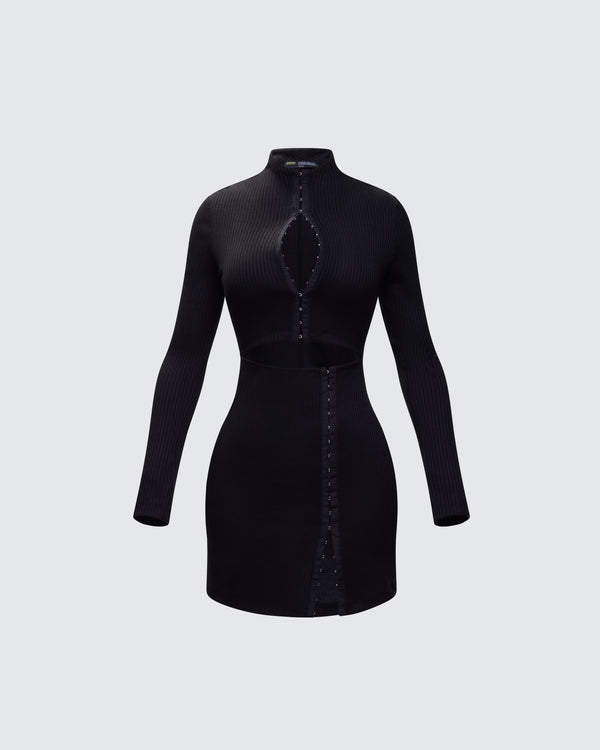 finesse Eithne Black Rib Eyelet Front Mini Dress