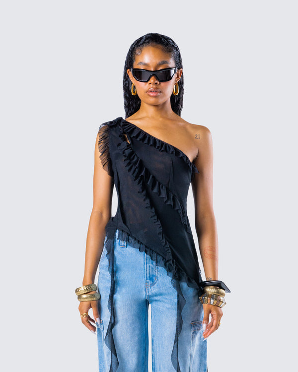 Finesse Ekaterina Black Mesh Ruffle Top