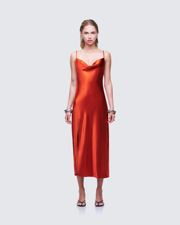 Finesse El Orange Satin Midi Dress