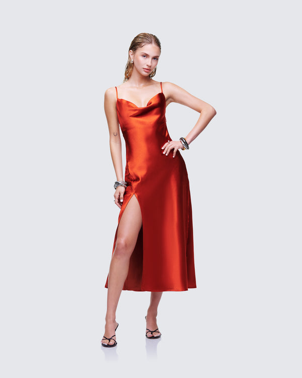 Finesse El Orange Satin Midi Dress