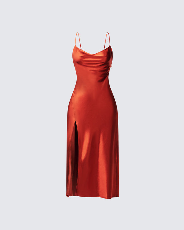 finesse El Orange Satin Midi Dress