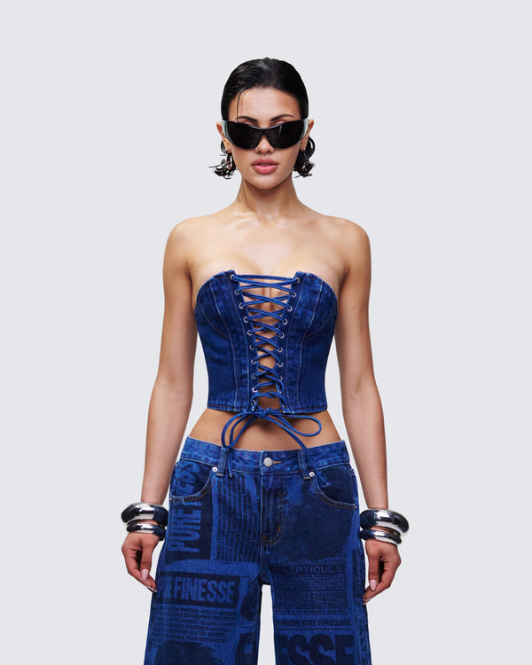Finesse Electra Blue Denim Lace Up Corset