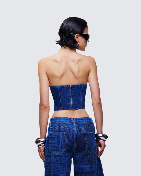 Finesse Electra Blue Denim Lace Up Corset
