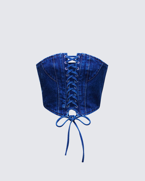 finesse Electra Blue Denim Lace Up Corset