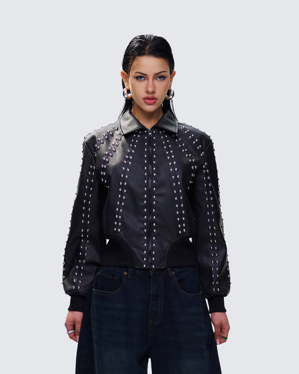 Finesse Eleri Black Vegan Leather Studded Jacket