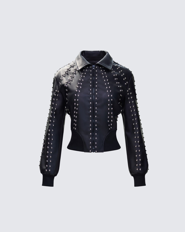 finesse Eleri Black Vegan Leather Studded Jacket