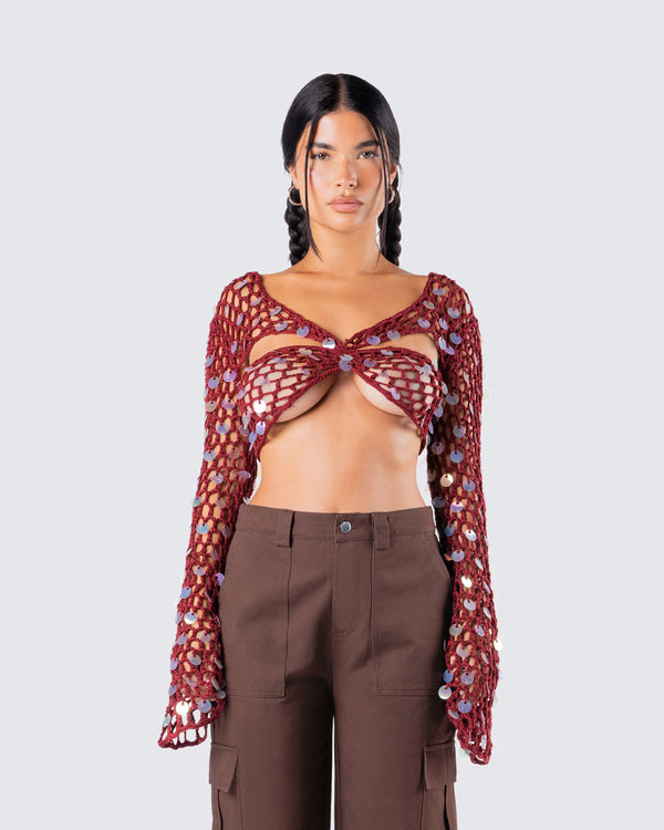 Finesse Ellery Maroon Crochet Top