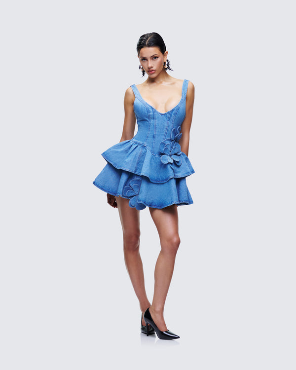 Finesse Emelina Blue Denim Flower Frill Mini Dress