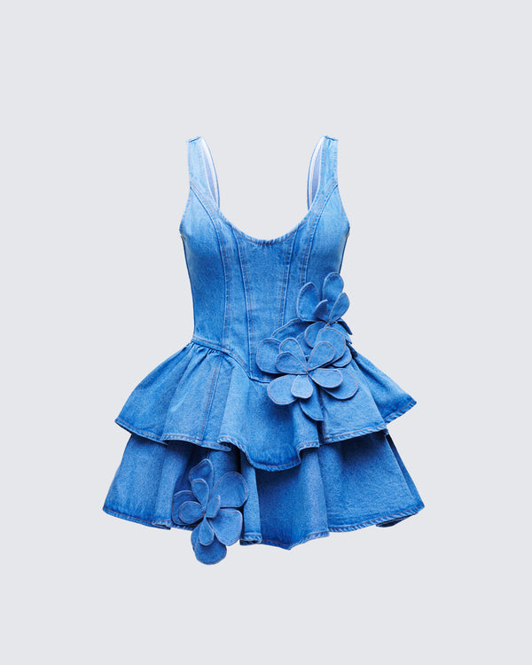 finesse Emelina Blue Denim Flower Frill Mini Dress