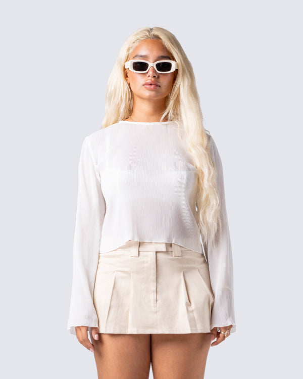 Finesse Emil White Plisse Long Sleeve Top