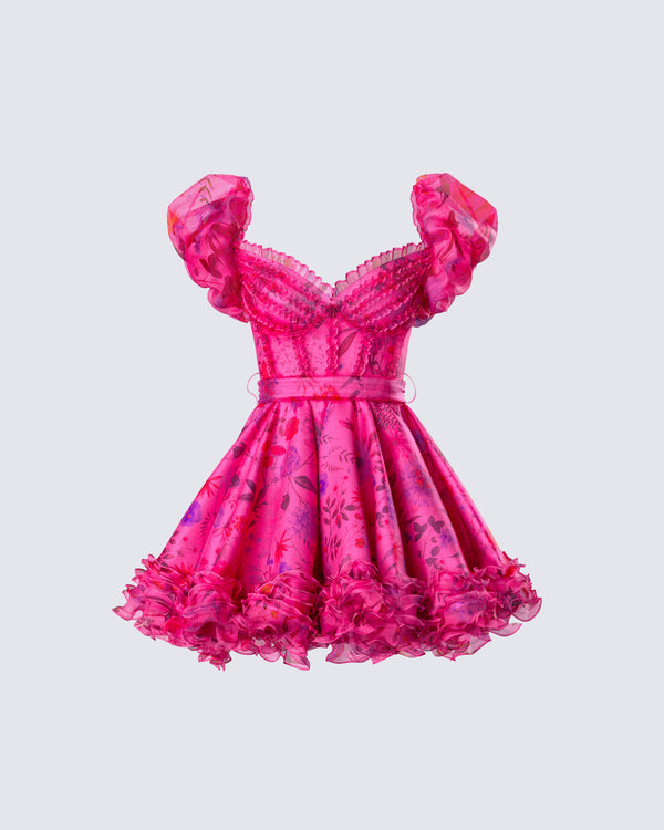 finesse Eni Pink Floral Organza Mini Dress