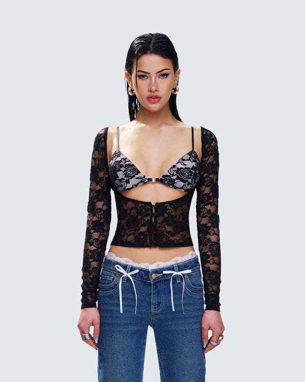 Finesse Esmarie Black Lace Sheer Long Sleeve Top