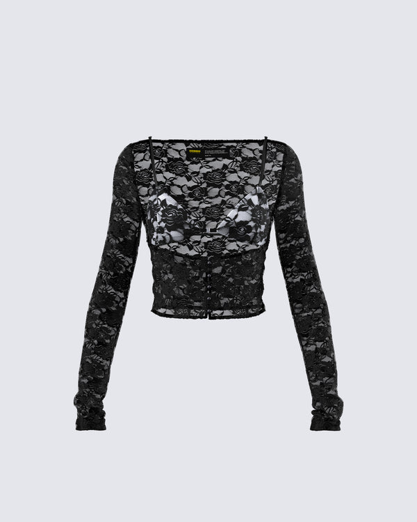 finesse Esmarie Black Lace Sheer Long Sleeve Top